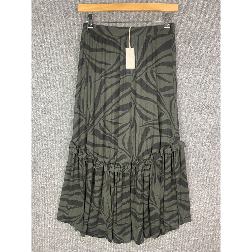 NWT‎ Z Supply Women Leisel Tropical Zebra Midi Skirt Mossy Green Ruffle Size L